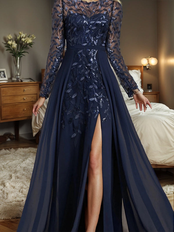 A-line Bateau Long Sleeves Ruffles Floor-Length Chiffon Mother of the Bride Dress