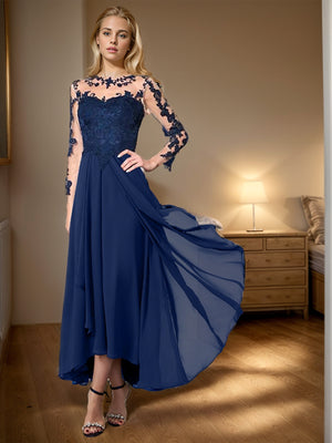 A-line Illusion 3/4 Sleeves Ruffles Asymmetrical Chiffon Mother of the Bride Dress