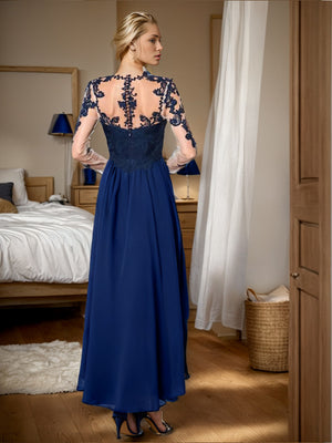 A-line Illusion 3/4 Sleeves Ruffles Asymmetrical Chiffon Mother of the Bride Dress