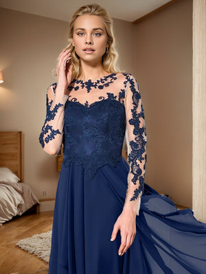 A-line Illusion 3/4 Sleeves Ruffles Asymmetrical Chiffon Mother of the Bride Dress