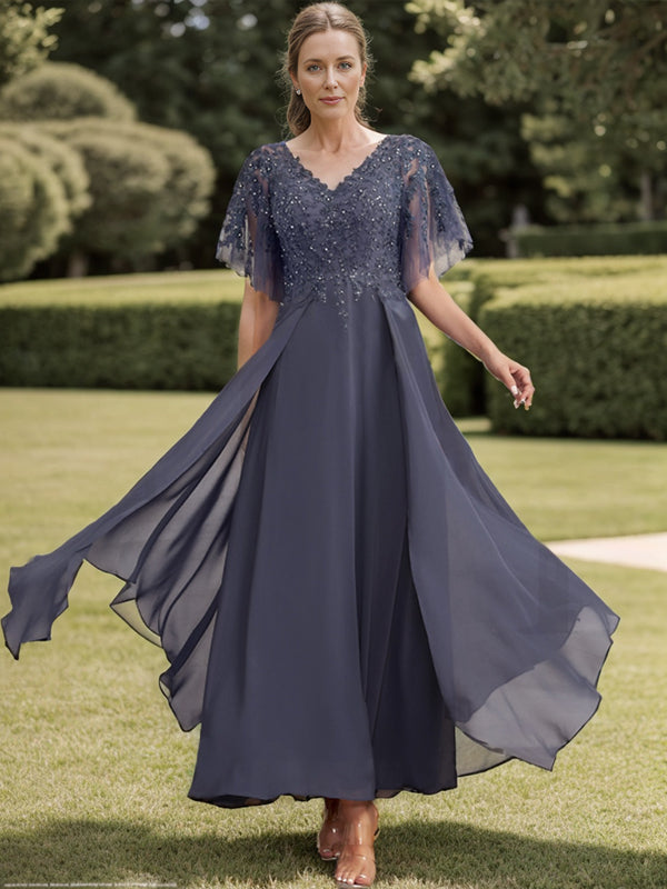 A-line V-neck Short Sleeves Ruffles Ankle-Length Chiffon Mother of the Bride Dress