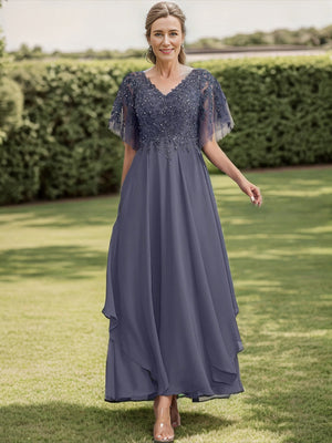 A-line V-neck Short Sleeves Ruffles Ankle-Length Chiffon Mother of the Bride Dress