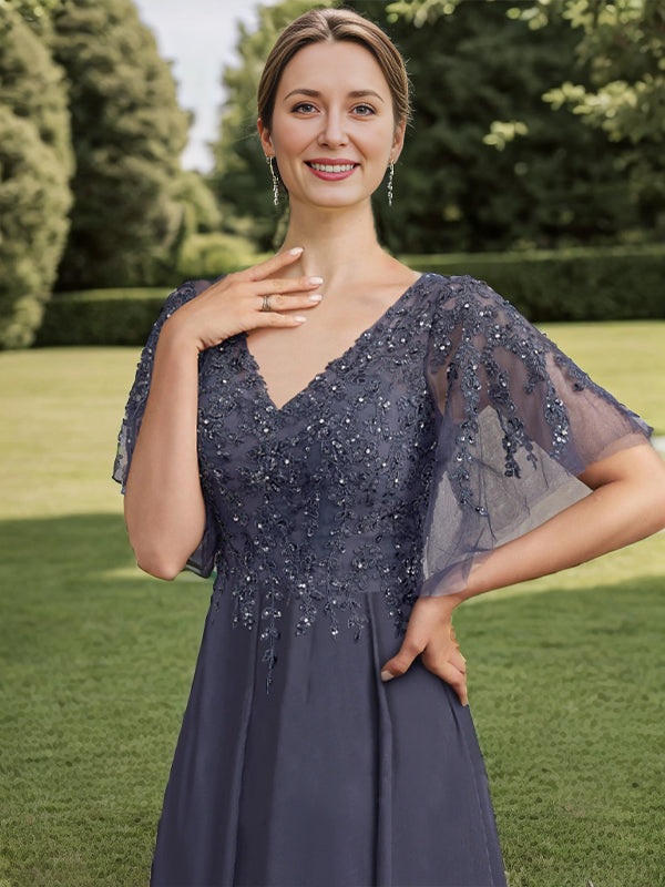 A-line V-neck Short Sleeves Ruffles Ankle-Length Chiffon Mother of the Bride Dress