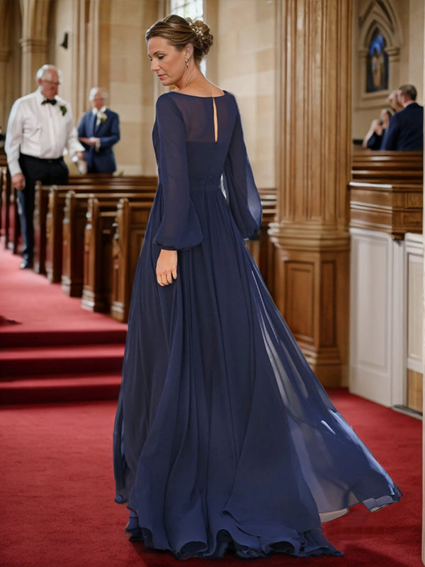A-line V-neck Long Sleeves Ruffles Floor-Length Chiffon Mother of the Bride Dress