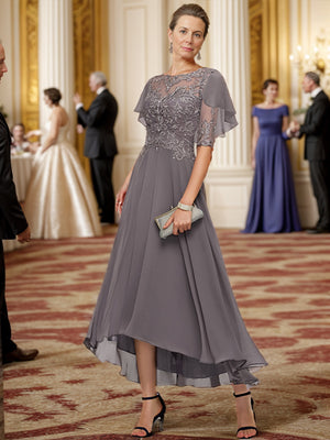 A-line Bateau 1/2 Sleeves Ruffles Asymmetrical Chiffon Mother of the Bride Dress