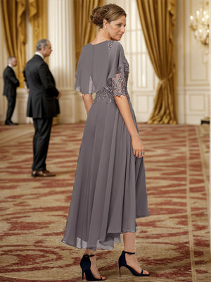 A-line Bateau 1/2 Sleeves Ruffles Asymmetrical Chiffon Mother of the Bride Dress
