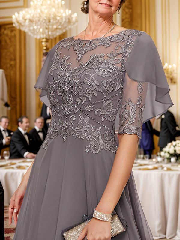 A-line Bateau 1/2 Sleeves Ruffles Asymmetrical Chiffon Mother of the Bride Dress