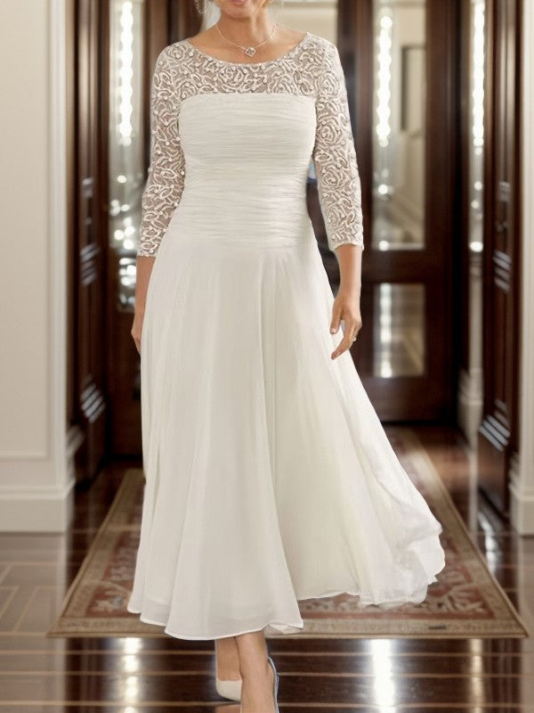 A-line Scoop 3/4 Sleeves Appliques Lace Tea-Length Chiffon Mother of the Bride Dress