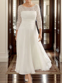A-line Scoop 3/4 Sleeves Appliques Lace Tea-Length Chiffon Mother of the Bride Dress
