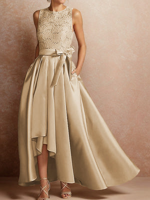 A-line Scoop Sash/Ribbon/Belt Asymmetrical Satin Mother of the Bride Dress
