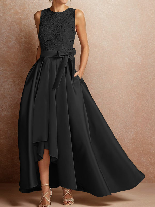 A-line Scoop Sash/Ribbon/Belt Asymmetrical Satin Mother of the Bride Dress