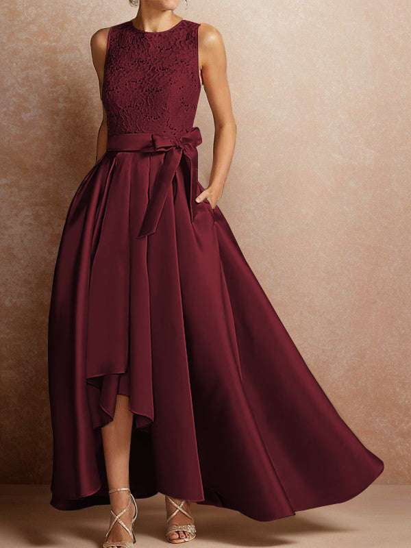 A-line Scoop Sash/Ribbon/Belt Asymmetrical Satin Mother of the Bride Dress