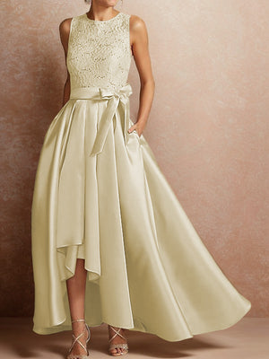 A-line Scoop Sash/Ribbon/Belt Asymmetrical Satin Mother of the Bride Dress