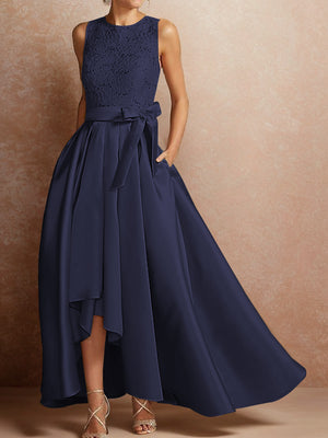 A-line Scoop Sash/Ribbon/Belt Asymmetrical Satin Mother of the Bride Dress