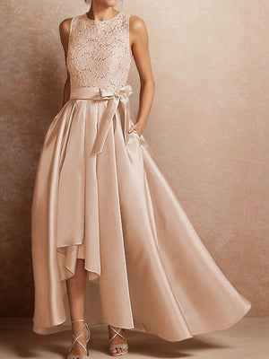 A-line Scoop Sash/Ribbon/Belt Asymmetrical Satin Mother of the Bride Dress