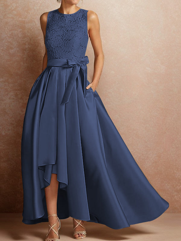 A-line Scoop Sash/Ribbon/Belt Asymmetrical Satin Mother of the Bride Dress