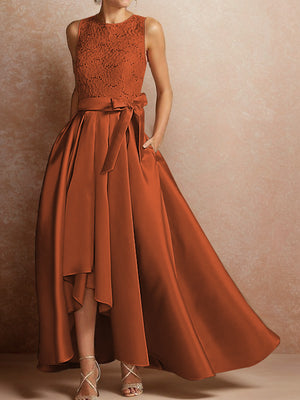 A-line Scoop Sash/Ribbon/Belt Asymmetrical Satin Mother of the Bride Dress