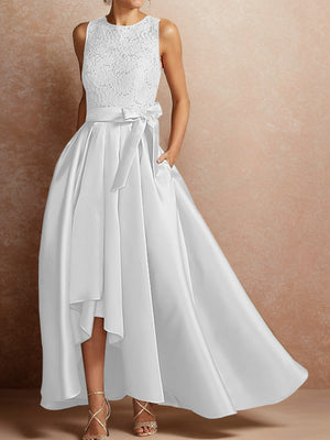 A-line Scoop Sash/Ribbon/Belt Asymmetrical Satin Mother of the Bride Dress