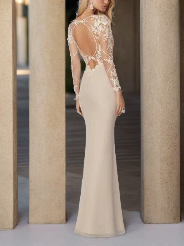 Sheath Scoop Long Sleeves Appliques Lace Floor-Length Chiffon Mother of the Bride Dress