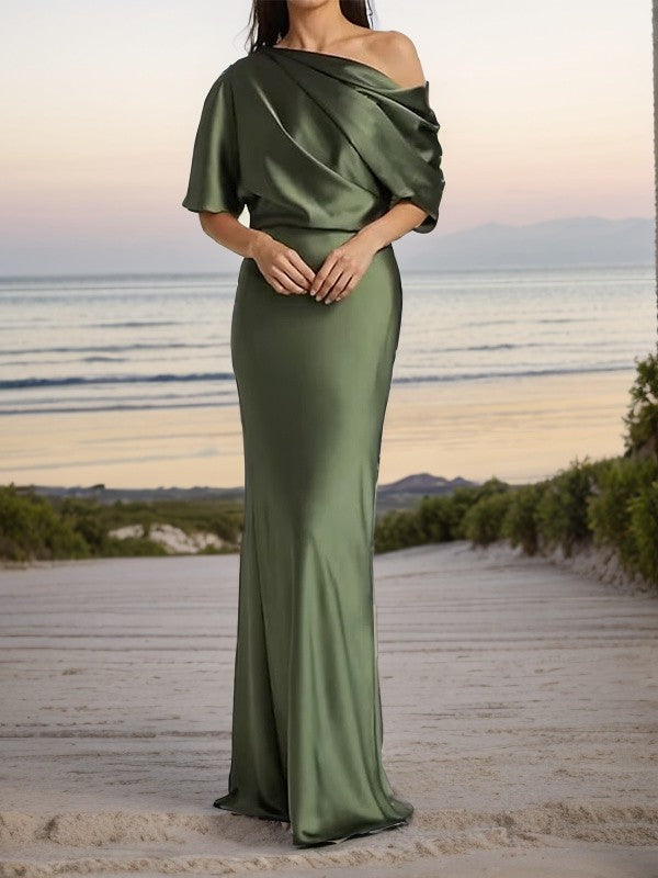 Sheath One-Shoulder 1/2 Sleeves Pleated Floor-Length Silk like Satin Mother of the Bride Dress