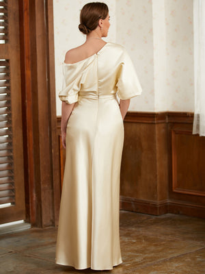 Sheath One-Shoulder 1/2 Sleeves Pleated Floor-Length Silk like Satin Mother of the Bride Dress