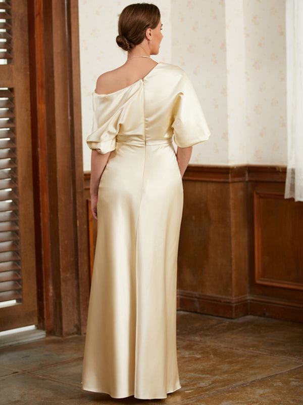 Sheath One-Shoulder 1/2 Sleeves Pleated Floor-Length Silk like Satin Mother of the Bride Dress