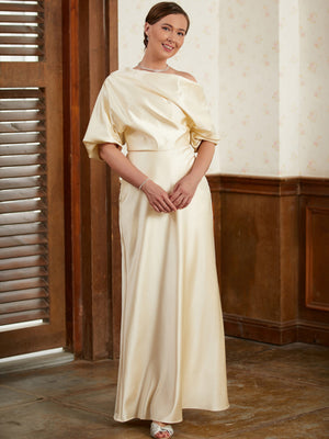 Sheath One-Shoulder 1/2 Sleeves Pleated Floor-Length Silk like Satin Mother of the Bride Dress