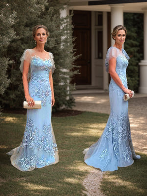Sheath Bateau Short Sleeves Appliques Lace Sweep Train Tulle Mother of the Bride Dress