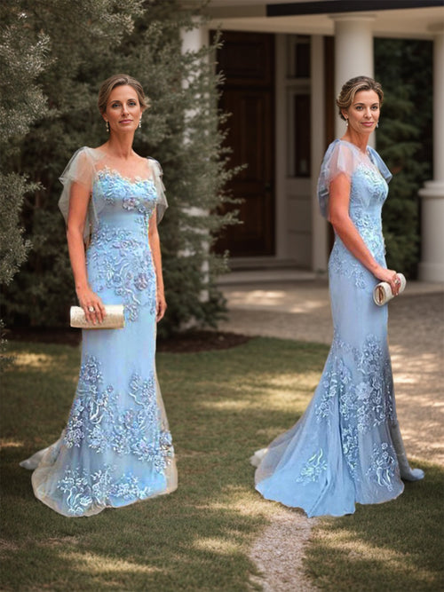 Sheath Bateau Short Sleeves Appliques Lace Sweep Train Tulle Mother of the Bride Dress