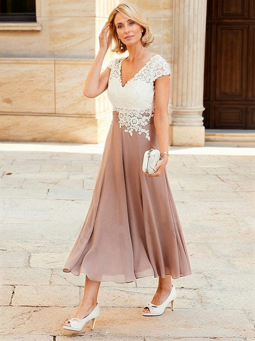 A-line V-neck Short Sleeves Appliques Lace Tea-Length Chiffon Mother of the Bride Dress