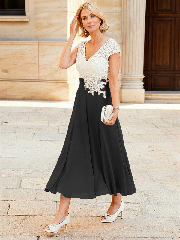 A-line V-neck Short Sleeves Appliques Lace Tea-Length Chiffon Mother of the Bride Dress
