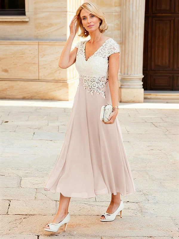 A-line V-neck Short Sleeves Appliques Lace Tea-Length Chiffon Mother of the Bride Dress