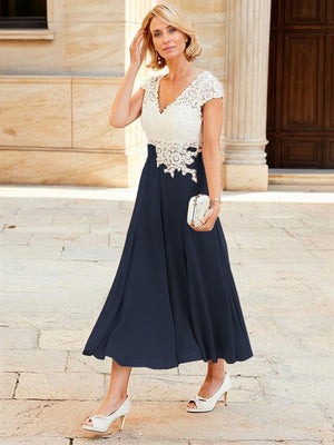 A-line V-neck Short Sleeves Appliques Lace Tea-Length Chiffon Mother of the Bride Dress