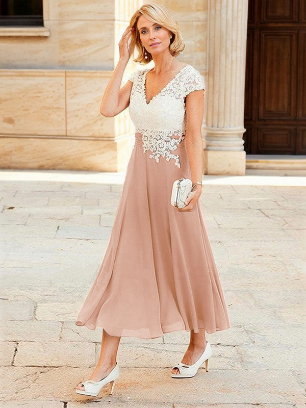 A-line V-neck Short Sleeves Appliques Lace Tea-Length Chiffon Mother of the Bride Dress