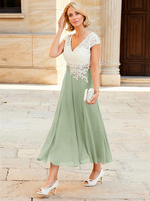 A-line V-neck Short Sleeves Appliques Lace Tea-Length Chiffon Mother of the Bride Dress