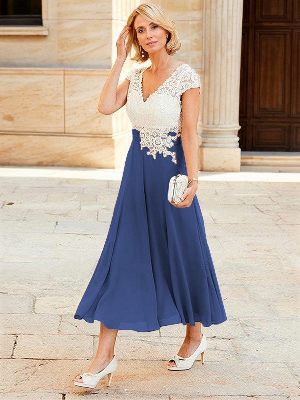 A-line V-neck Short Sleeves Appliques Lace Tea-Length Chiffon Mother of the Bride Dress