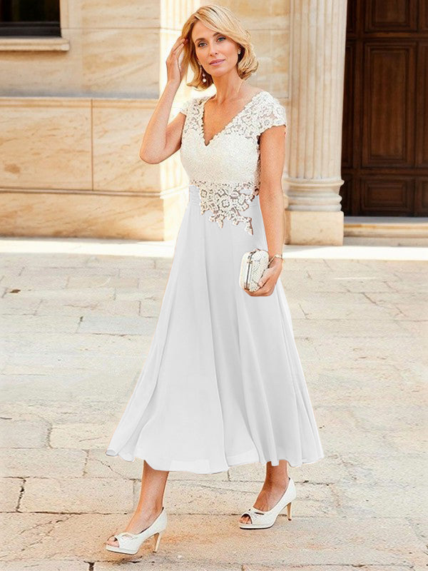 A-line V-neck Short Sleeves Appliques Lace Tea-Length Chiffon Mother of the Bride Dress