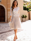 A-line Scoop 3/4 Sleeves Appliques Lace Knee-Length Tulle Mother of the Bride Dress