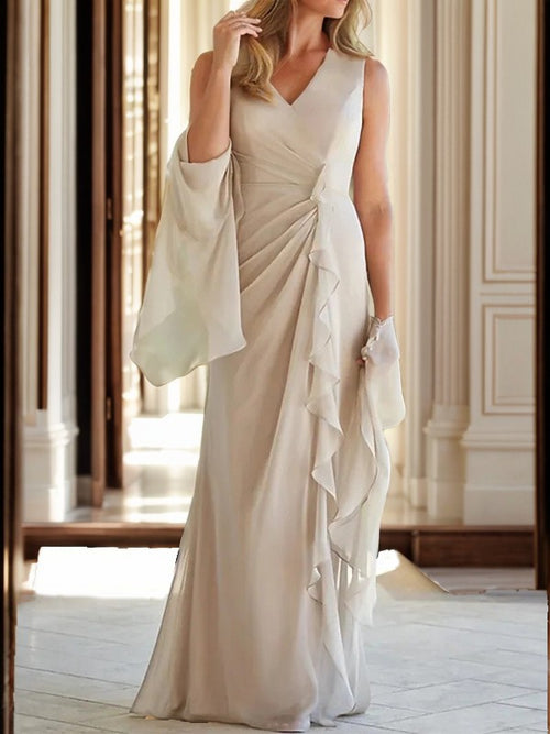 Sheath V-neck Pleated Floor-Length Chiffon Mother of the Bride Dress