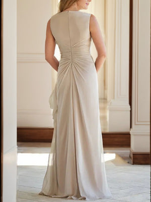 Sheath V-neck Pleated Floor-Length Chiffon Mother of the Bride Dress