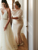 Sheath Scoop 1/2 Sleeves Pleated Floor-Length Sequins Mother of the Bride Dress