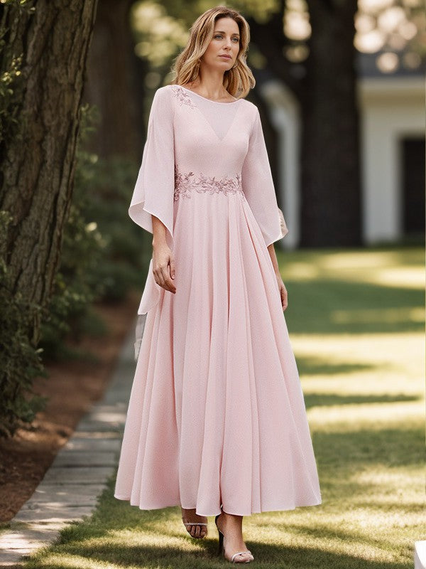 A-line Scoop Long Sleeves Appliques Lace Ankle-Length Chiffon Mother of the Bride Dress