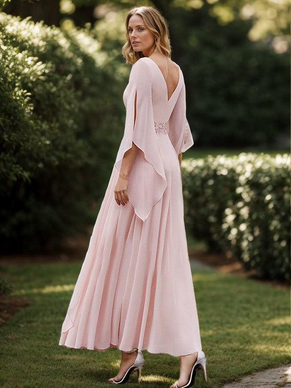 A-line Scoop Long Sleeves Appliques Lace Ankle-Length Chiffon Mother of the Bride Dress