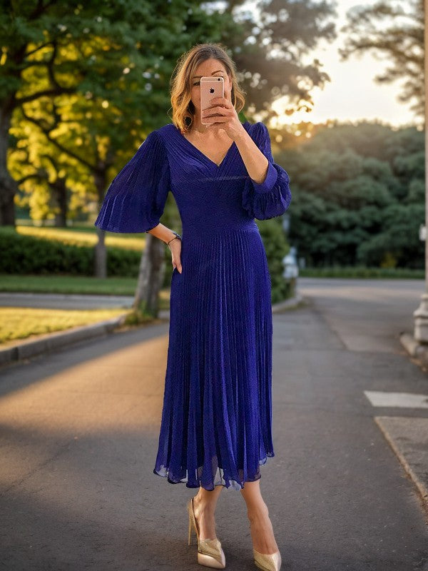A-line V-neck 3/4 Sleeves Pleated Tea-Length Chiffon Mother of the Bride Dress