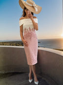 Sheath Off-the-Shoulder Tea-Length Lace Mother of the Bride Dress