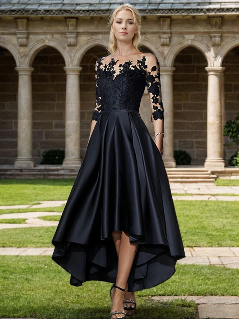 A-Line Bateau 3/4 Sleeves Applique Asymmetrical Satin Mother of the Bride Dress