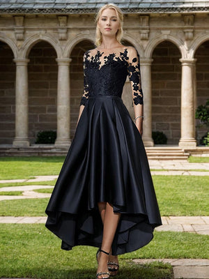A-Line Bateau 3/4 Sleeves Applique Asymmetrical Satin Mother of the Bride Dress