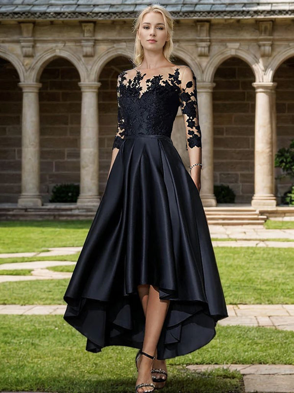 A-Line Bateau 3/4 Sleeves Applique Asymmetrical Satin Mother of the Bride Dress