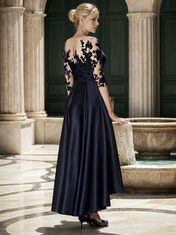 A-Line Bateau 3/4 Sleeves Applique Asymmetrical Satin Mother of the Bride Dress