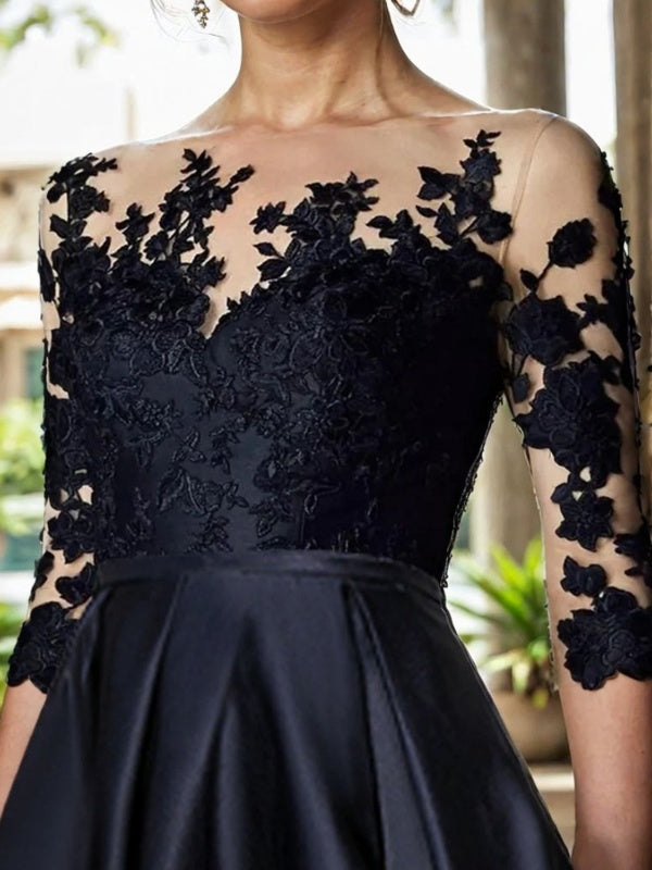 A-Line Bateau 3/4 Sleeves Applique Asymmetrical Satin Mother of the Bride Dress